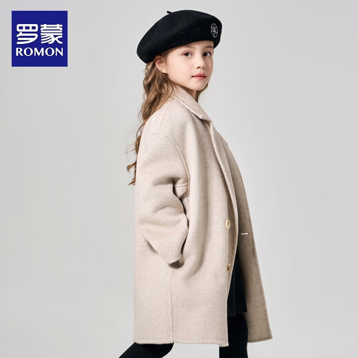 Luo Meng girls double-sided wool coat autumn and winter style children's style mid-length thick woolen coat milk tea white 130