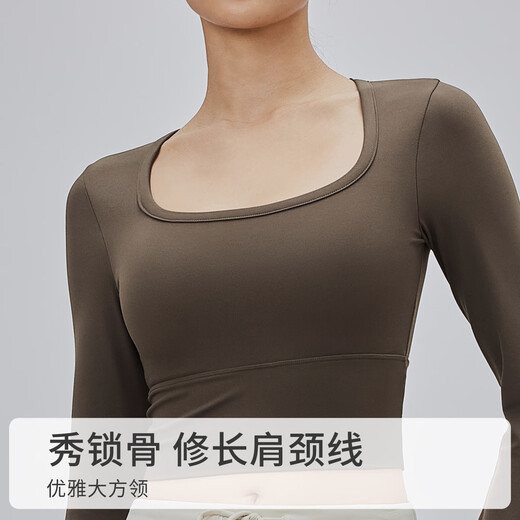 Gigt Jiji Yoga Wear Top Women's Autumn and Winter Square Neck Slim Sports Long Sleeves with Chest Pad Running Pilates Training Wear Ebony Brown M