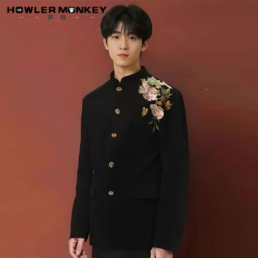 Sound Monkey suit jacket men's new Chinese embroidery retro Tang suit Chinese style Chinese tunic suit engagement wedding suit men black suit + stand-up collar shirt white + black trousers three-piece suit XL