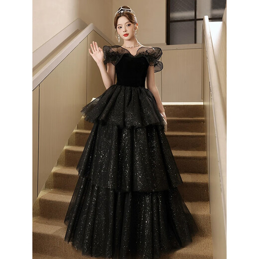 Black one-shoulder evening dress for women, high-end light luxury, niche adult ceremony, tutu skirt, dinner host art test, black 2XL 115Jin Jin is equal to 0.5kg -120Jin Jin is equal to 0.5kg, the card size is large