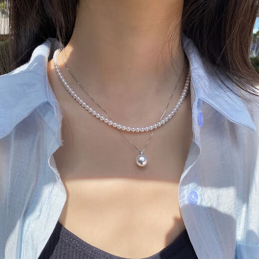 MHFDO Princess Style Pearl Pendant S925 Silver Princess Diana Style Perfect Round Aurora Natural Freshwater Pearl Necklace for Women Stackable 8-9mm