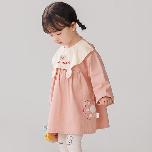 Sweet and cute pure cotton waterproof reverse wear smock for infants and toddlers, anti-fouling protective clothing for eating, coat and bib pocket, pink cat claw and bear collar 90 recommended 76-80cm