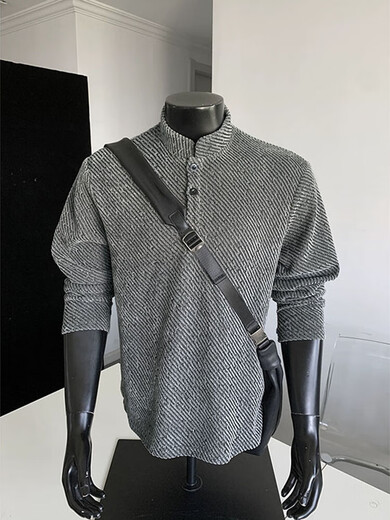 Yingtang American Henry Collar Sweatshirt Men's Spring and Autumn Heavyweight Right Shoulder Bottoming Shirt Loose Jacket Top Men CQS-3309 Gray M