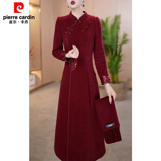 Pierre Cardin 2025 New Mother's Cheongsam Dress Spring and Autumn Thickened Warm Two-piece Set Burgundy Thickened Cheongsam 2XL Recommended 121-130 Jin Jin equals 0.5 kg