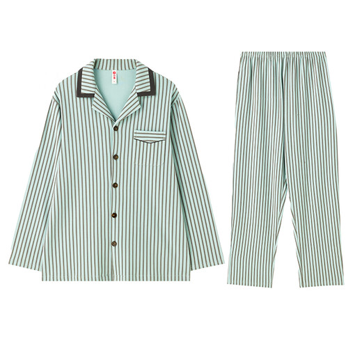Fenton Pajamas Couple Category A+7A Antibacterial 2025 Autumn New 100% Cotton Striped Cardigan Lounge Wear Set Gray Green-Men's L