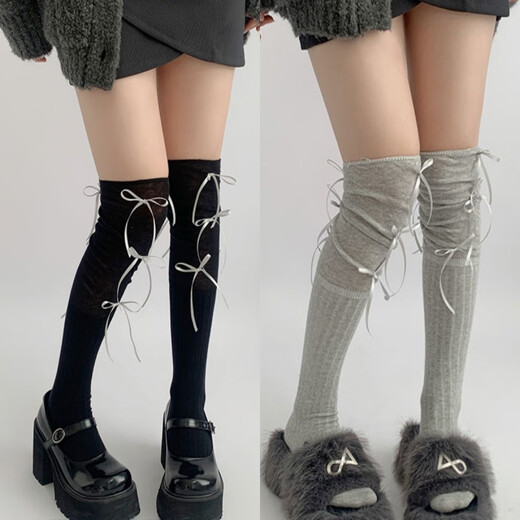 Jane Deiune stockings for women spring and autumn spliced bow-knot pile socks Lolita over-knee socks slim pure lust style jk Japanese style black + gray bow-knot over-the-knee socks one-size-fits-all transforms into comic legs in seconds suitable for 70-150 Jin Jin is equal to 0.5 kg