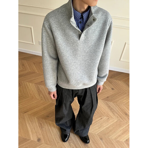 Lingbo (XUANSENTU) light gray American plaid fake two-piece sweatshirt men's autumn Henley collar polo shirt cle gray fabric upgrade 2XL