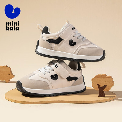 Minibala (minibala) children's shoes, children's toddler shoes, autumn new boys' soft-soled cushioning casual shoes, girls' baby running sneakers, white and black, size 25, suitable for feet 15.5-16.0cm long