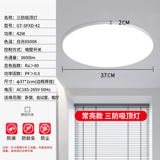 Gongtai LED three-proof ceiling light waterproof and mosquito-proof bathroom balcony corridor bedroom light 42W white light
