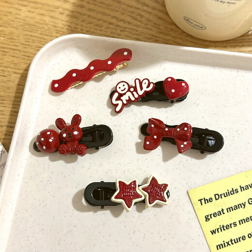 Add cute polka-dot bow hairpins for girls, fresh, sweet and versatile duckbill clips with side bangs and hairpins, hair accessories, red kitten 5-piece set
