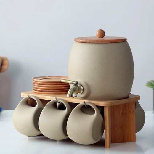 Japanese cold kettle ceramic water cup set with faucet household cool bucket scented tea juice drink bucket high temperature cold kettle clay pot 2.3L + four cups 220ml + four coasters round coasters with shelf
