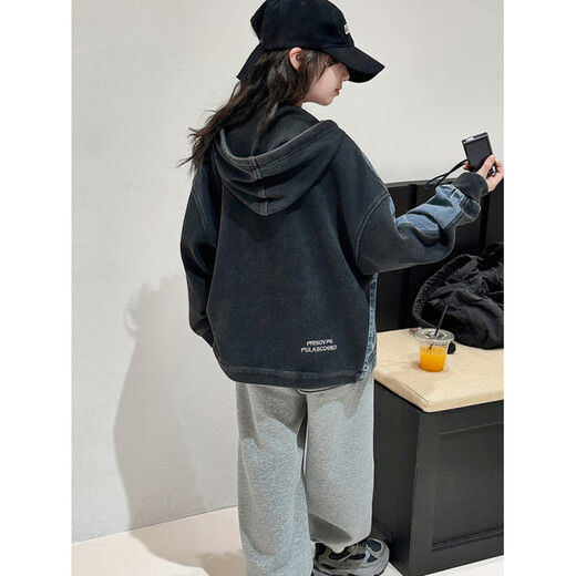 Burwilde international brand girls' denim jacket Korean style spring and autumn 2025 new style for middle-aged and older girls with style and personality hooded blue (jacket) 120 cm