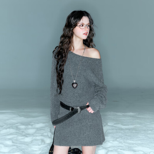 Sancai Duxing 2025 Winter New Style Round Neck Knitted Dress Long Sleeve Small A Short Skirt Bottoming Lazy F Dark Gray Pre-sale Send within 15 days of payment M 160/84A
