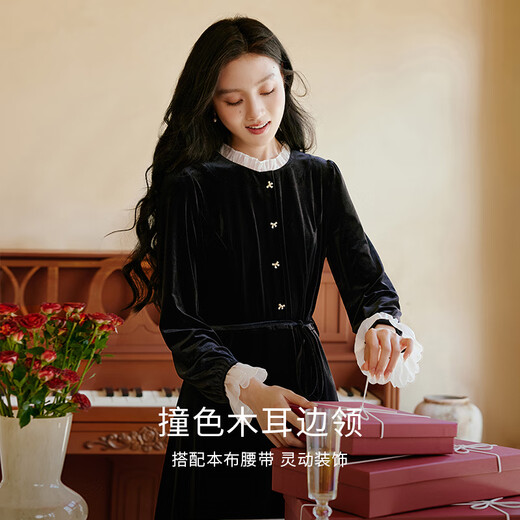 Xiangying Hepburn style black imitation velvet dress for women 2025 autumn new fungus edge stitching French waist skirt black L 165/88A/110-125Jin Jin equals 0.5 kg