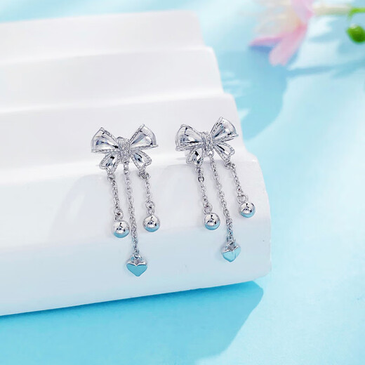 Laofu gold platinum pt950 tassel love sweet girly heart bow earrings for women as a birthday gift for girlfriend and wife, about 4.73g