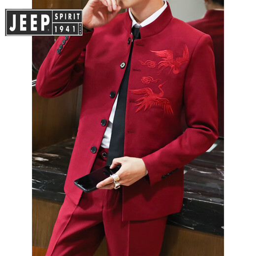 JEEP SPIRIT Jeep men's suit suit Chinese style trend Zhongshan decoration slim and handsome suit set for wedding youth stand-up collar navy blue two-piece suit - (top + pants) free belt tie M