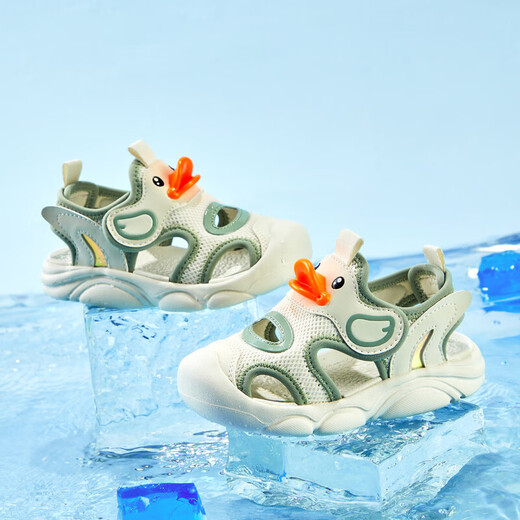 B.Duck小黄鸭童鞋儿童凉鞋夏季包头宝宝鞋男女童运动沙滩鞋3927米色25