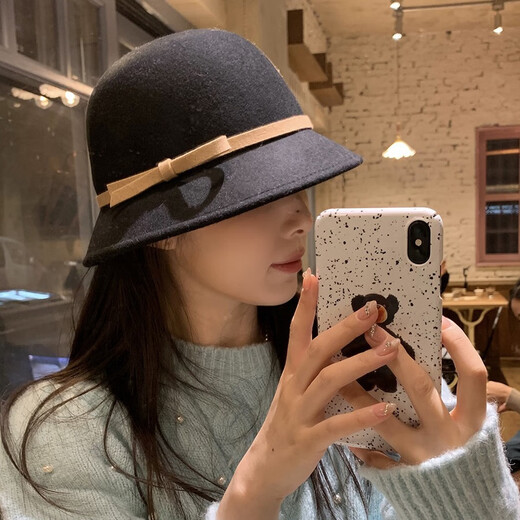 Autumn ballad French woolen Hepburn hat autumn and winter women's chaebol daughter's small top hat elegant temperament small fragrance basin hat black coffee color matching adjustable