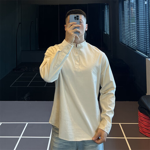 IRONTRAP pure cotton Henry collar loose Japanese shirt men's daily commuting shirt arc hem long sleeve autumn and winter white M