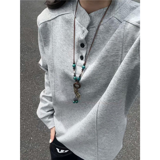 Jufeng gray American Henry collar long-sleeved polo shirt for men and women in early autumn thin sweatshirt high-end right shoulder inner layering shirt white gray fabric upgrade 90% of buyers choose 2XL