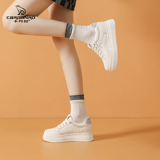Cardan Road Women's Shoes 2025 New Autumn White Shoes Thick Soled Inner Heightening Women's Skirts Small Versatile Casual Shoes Women Beige 37
