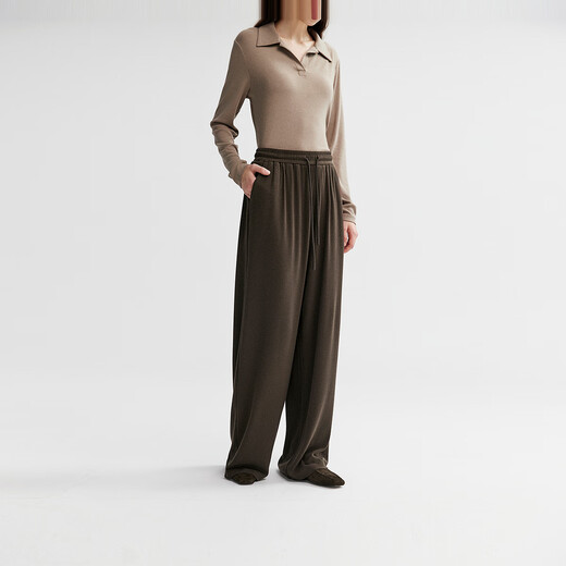 Virgin cotton relaxed feeling lazy knitted sweatshirt suit for women 25 autumn new fake two-piece hooded sweatshirt loose straight pants pine cone brown-casual pants S