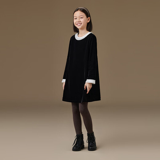 Haqi children's clothing autumn and winter French Hepburn style children's lace velvet girls long-sleeved dress thick mousse black 160