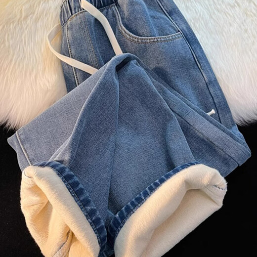 Velvet Thickened Straight Jeans Women's Winter 2025 New Small Wide Leg Cotton Elastic Waist Autumn and Winter Pants Retro Blue - Velvet XL