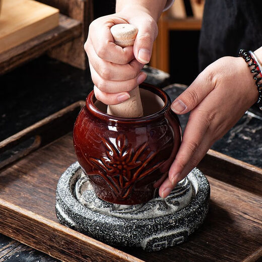 Ye Yu Tehou household old-fashioned garlic pounding clay ceramic coarse porcelain garlic mortar traditional garlic pounding device ceramic garlic jar smashing garlic jar pounding garlic extra thick style glaze smooth large size + wooden stick