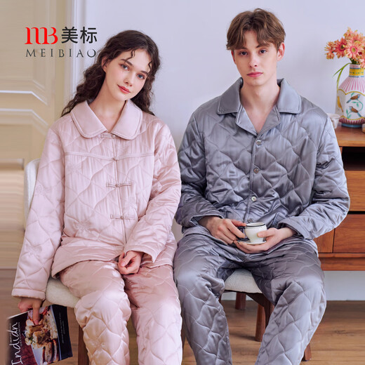 American Standard autumn and winter new three-layer thickened quilted couple's silk pajamas set casual silk women's mulberry silk home clothes for men withered rose (silk quilted) M