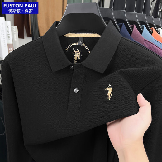 EUSTON PAUL Autumn new style 100% cotton men's long-sleeved T-shirt high-end lapel embroidery versatile POLO shirt for young and middle-aged people Black L (50) Weight 120-140Jin Jin is equal to 0.5 kg