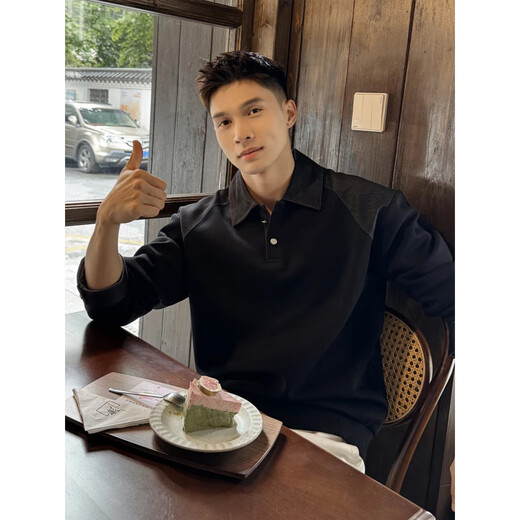 XUANSENTU black American shoulder polo shirt men's autumn handsome Henry collar sweatshirt long-sleeved inner layered shirt trendy black upgraded version 2XL