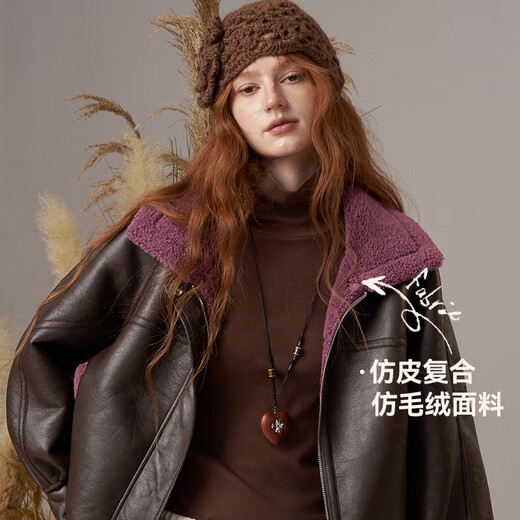 Fairy's Pocket Retro Jacket Plush Cotton Leather Jacket Women's 2025 Winter New Contrast Color Fur One-piece Jacket Retro Brown L
