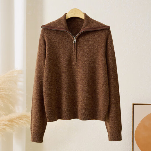 Chunzhu Thick Pure Wool 2025 Autumn and Winter New Half-Zip Lapel Casual All-Match Warm Sweater Women's Cardigan Caramel Brown M (80-110Jin Jin equals 0.5kg)