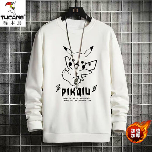 Woodpecker long-sleeved T-shirt men's autumn and winter trendy brand loose round neck bottoming shirt youth casual sports velvet sweatshirt clothes fishing cat white XL