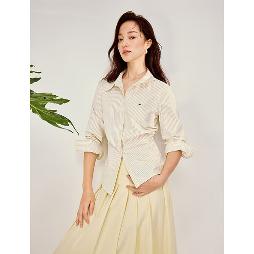 INMAN Simple Commuting Vertical Stripe Pleated Shirt 2026 Spring Women's New Slim Long Sleeve Shirt Top Light Yellow M