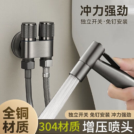 JOMOO new all-copper toilet companion one in and two out with spray gun angle valve bathroom double water outlet triangle valve three-way double control water valve gun ash double control angle valve 304 spray gun set
