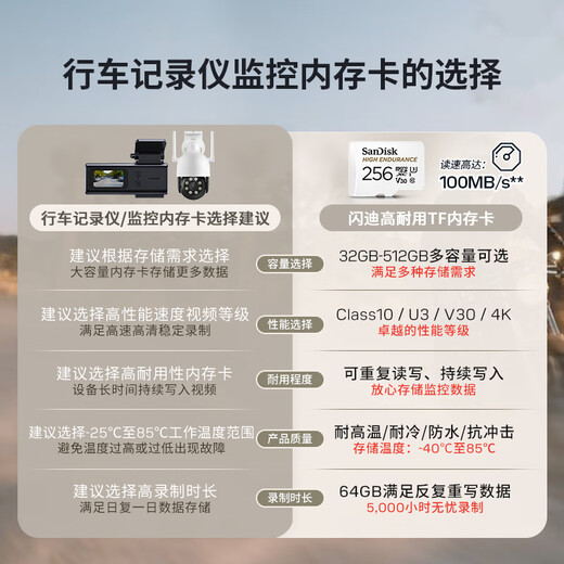 闪迪（SanDisk）256GB TF（MicroSD）4K内存卡 行车记录仪 监控摄像头专用 20,000小时录制 重复读写高耐用存储卡