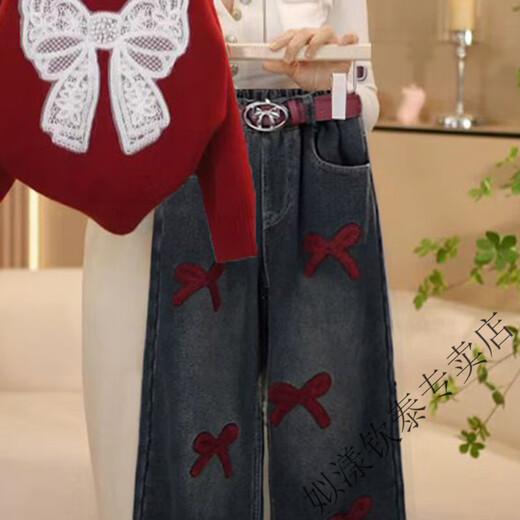 Siyang girls winter 2025 new fashion Korean style thickened Christmas red sweater, medium and large children's velvet jeans suit trendy H white bow sweater and black velvet jeans (120