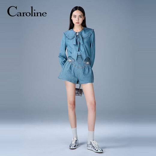 CAROLINE Tencel Cotton Denim Caroline 2025 Autumn New Doll Collar Shirt ERC4C02C Blue L