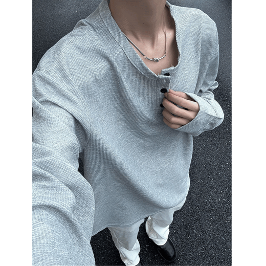 Pupan long-sleeved T-shirt men's Henry collar bottoming shirt heavy-weight long-sleeved T-shirt men's spring and autumn American street fashion brand high-end loose gray 2XL 145-165Jin Jin equals 0.5 kg