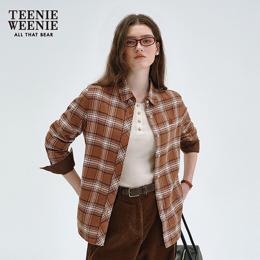 Teenie Weenie Bear Women's Shirt 2025 Autumn New Retro Plaid Fashionable Embroidered Long Sleeve Shirt