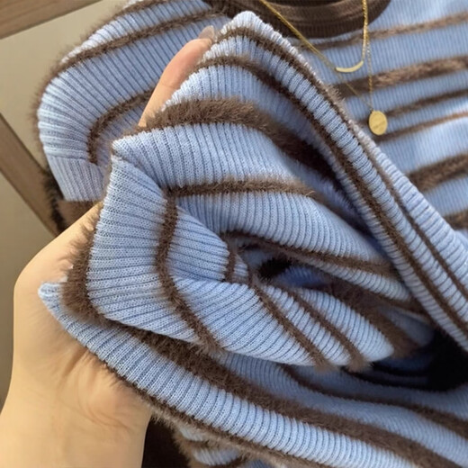 Su Yuwei's French contrast striped wool sweater with round neck sweater for women's autumn high-end slim-fitting bottoming shirt blue top Follow the store - free shipping insurance S (80-95Jin Jin is equal to 0.5kg)