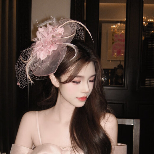 Lu Shanwu top hat female French socialite pink mesh temperament elegant high-end hair accessories daughter banquet bride headdress veil feather flower top hat pink