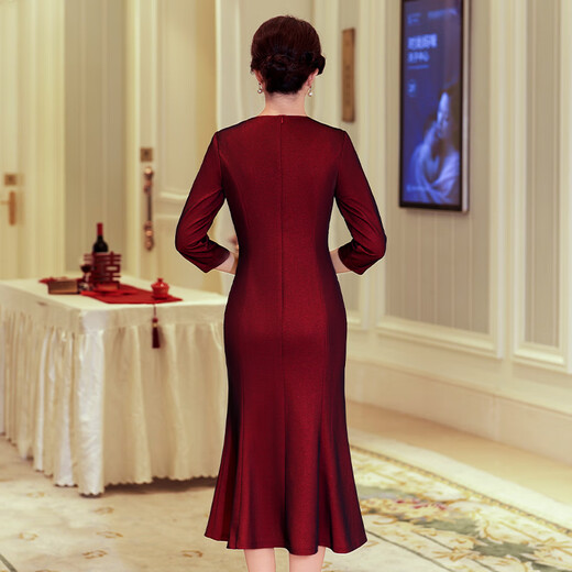 Fumini January high-end brand light luxury happy mother's wedding high-end evening dress eleven temperament happy mother-in-law wedding banquet dress autumn and winter burgundy 3XL