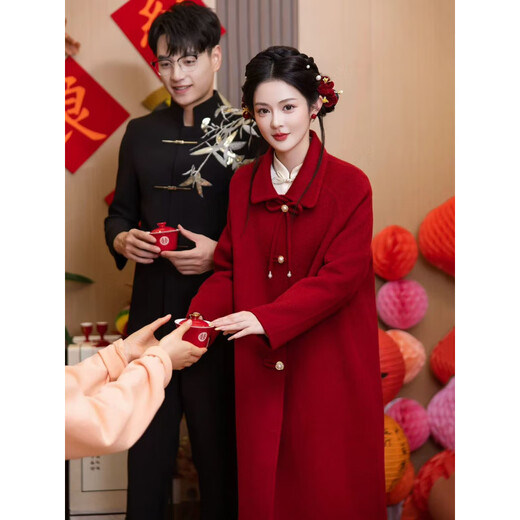 Hengyuanxiang red coat toasting suit new Chinese style top autumn and winter petite bride wedding double-sided wool coat engagement suit jacket S