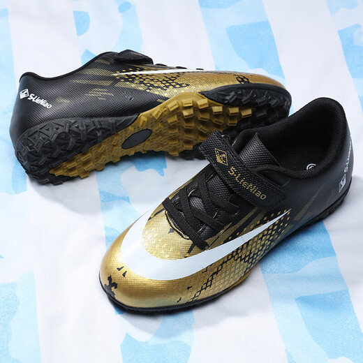 Irving leads the way in lace-free children's football shoes for men and women with broken nails TF artificial grass for teenagers and primary school students with Velcro ratio black gold broken nails 36