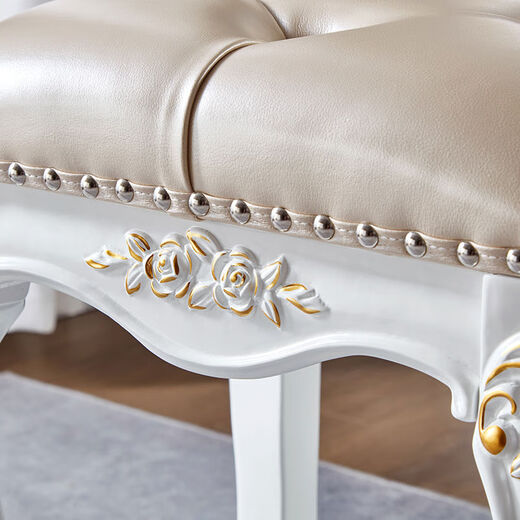 European French style solid wood dressing stool, carved makeup stool, white light luxury princess stool, dressing table stool, soft bag makeup stool, all solid wood, white buckle with gold finish