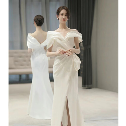 ACJK one-shoulder white evening dress 2025 new French light luxury niche high-end engagement fishtail skirt autumn beige M