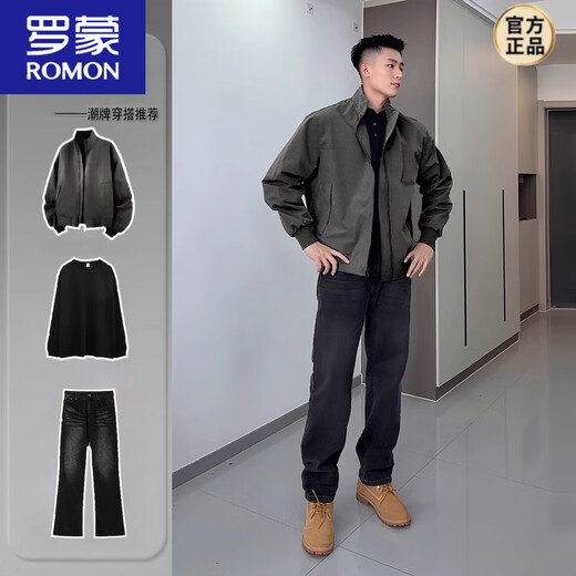 ROMON American bomber jacket men's early autumn complete set of ootd tough guy outfit overalls wolf gray jacket + black long sleeves + black jeans three-piece set M